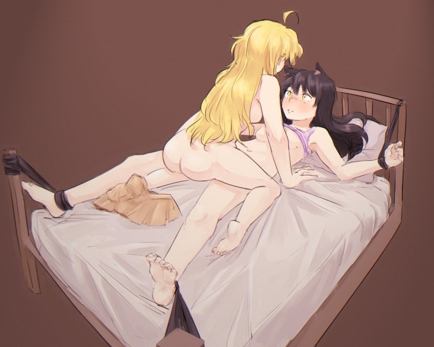 2girls ahoge animal_ears ass black_hair blake_belladonna blonde_hair bondage bound breasts canon_couple cat_ears chadolbaegi clothes_lift faunus female femdom highres human long_hair multiple_girls navel nude rwby shirt_lift skirt skirt_removed straddling tank_top tied_to_bed yang_xiao_long yellow_eyes yuri