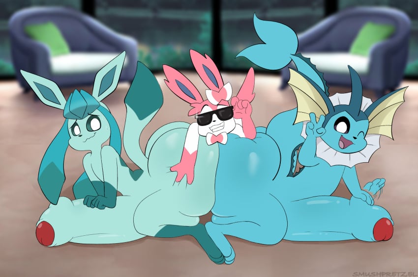 ass ass_to_ass big_penis butt_grab eeveelution feet_together feral genitals glaceon group hand_on_butt hi_res huge_cock humanoid_genitalia humanoid_penis hyper hyper_genitalia hyper_penis male male_only male_vaporeon nintendo penis pokémon_(species) pokemon smushpretzel sylveon vaporeon video_games