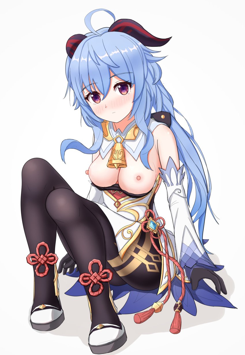 ahoge bangs bare_shoulders bell black_gloves black_legwear blue_hair blush breasts chinese_knot clothes_pull detached_sleeves eyebrows_visible_through_hair female flower_knot full_body ganyu_(genshin_impact) genshin_impact gloves gold_trim high_heels highres horns knees_up long_hair looking_at_viewer medium_breasts neck_bell nipples nose_blush purple_eyes sidelocks sitting solo tassel thighlet thighs tsukiko_neko vision_(genshin_impact) white_background white_sleeves