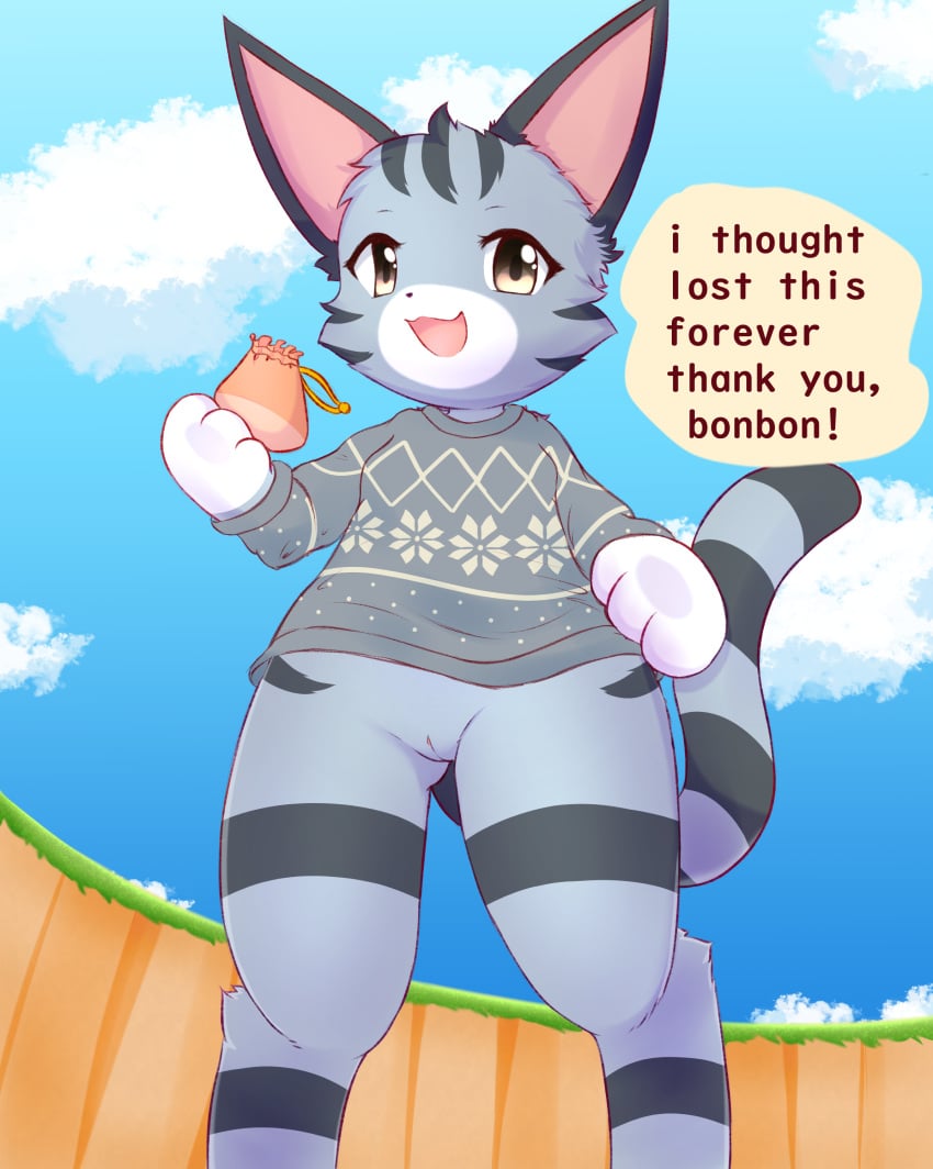 absurd_res animal_crossing anthro blue_body bottomless clothed clothing domestic_cat english_text felid feline felis female genitals hi_res holding_object kryztar lolly_(animal_crossing) looking_at_viewer mammal nintendo no_underwear pussy solo text video_games