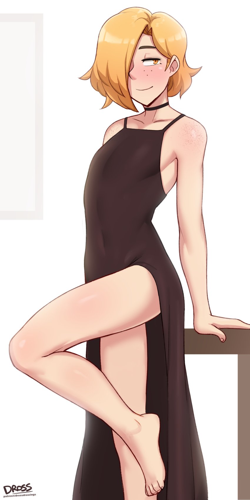 1boy amber_eyes barefoot black_dress blonde_hair caleb_(dross) choker crossdressing dress dross evening_dress farm_boy_(dross) femboy feminine_male freckles girly hair_over_one_eye male male_only original smooth_skinned_male softcore solo submissive_male thighs trap twink