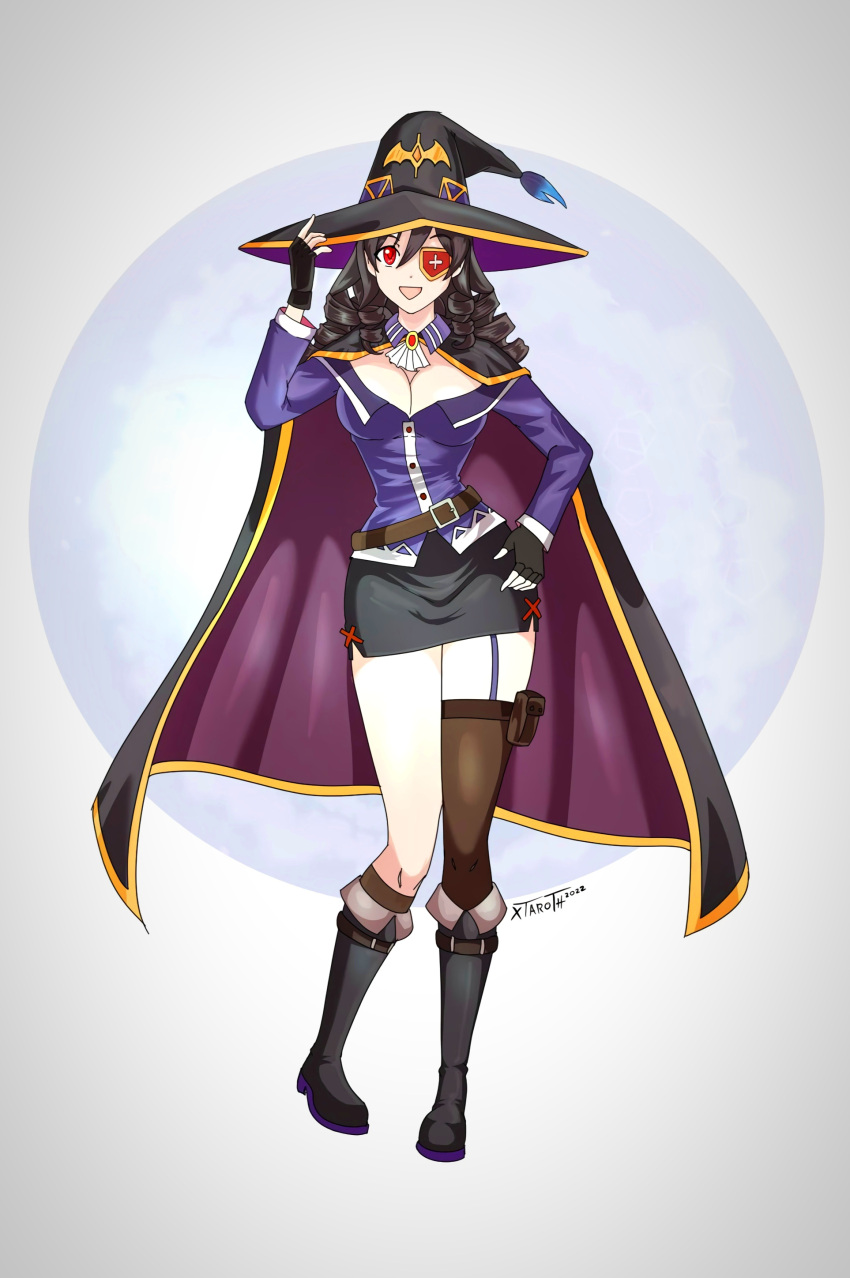 1girls arue_(konosuba) boots breasts cape eyepatch gloves kono_subarashii_sekai_ni_shukufuku_wo! large_breasts long_hair red_eyes simple_background tagme white_background witch_costume witch_hat