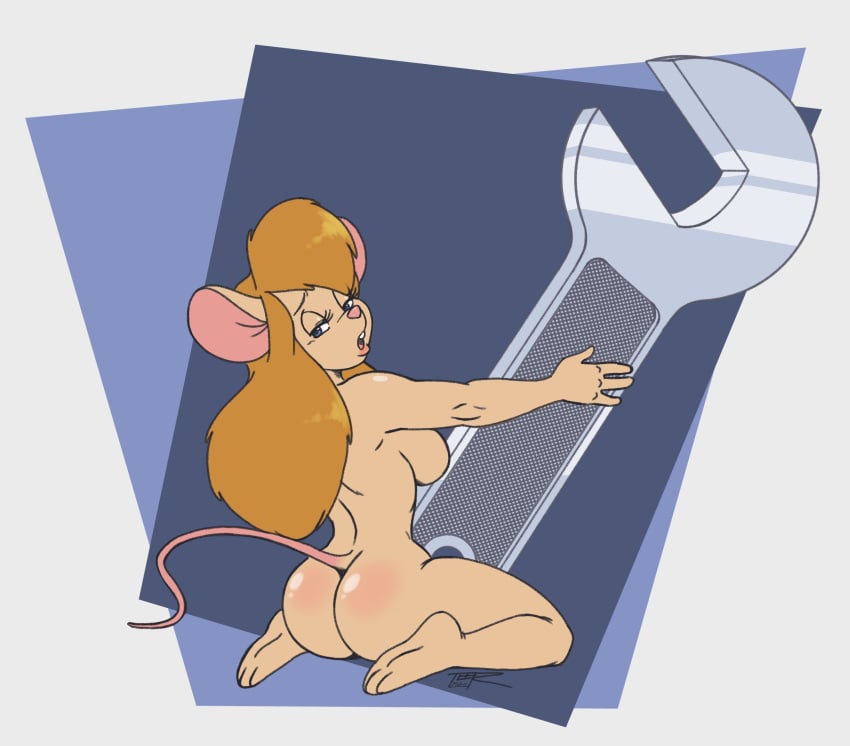 anthro bedroom_eyes chip_'n_dale_rescue_rangers disney english_text female gadget_hackwrench hi_res kneeling looking_at_viewer looking_back mammal minigirl mouse murid murine narrowed_eyes nude open_mouth rodent seductive solo teer text tools wrench