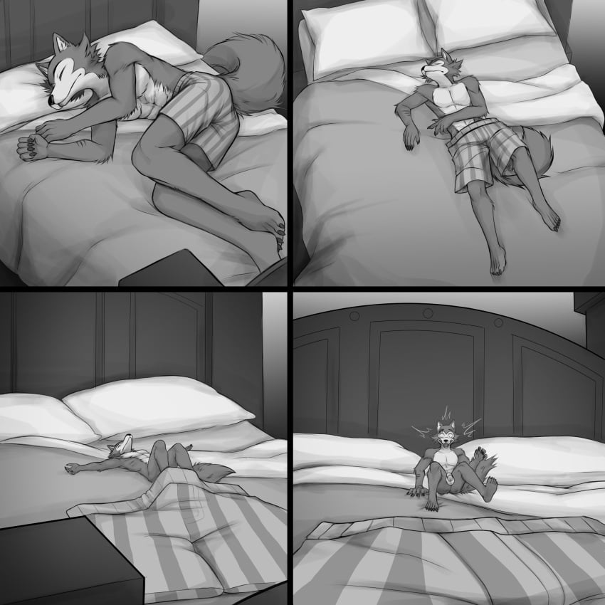 absurd_res angelickiddy anthro beastars bed black_and_white canid canine canis clothing clothing_aside furniture hi_res legoshi_(beastars) lying male mammal monochrome shrinking size_transformation sleeping solo transformation underwear underwear_aside wolf