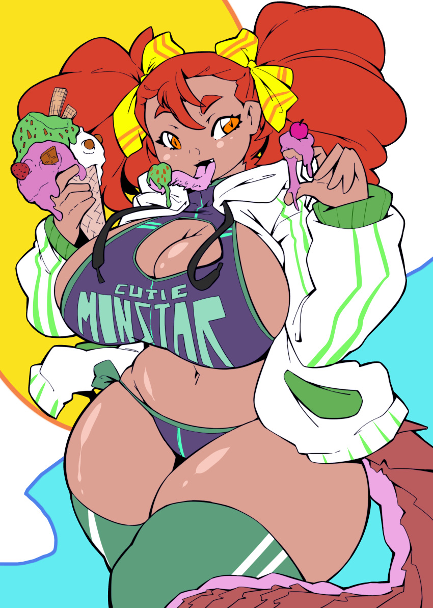 big_breasts bikini breasts dark-skinned_female dark_skin dragon_girl dragon_tail dragoontequila female hair_ornament hoodie huge_breasts ice_cream large_breasts open_mouth orange_eyes original red_hair ribbon sports_bra tagme tail tequila_(dragoontequila) thick_eyebrows thick_thighs thighhighs tongue tongue_out twintails