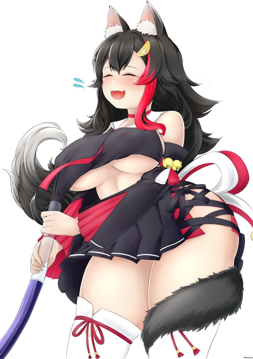 animal_ear_fluff animal_ears bangs bare_shoulders bell black_hair black_skirt black_sleeves breasts choker closed_eyes clothes_pull crop_top detached_sleeves eyebrows_visible_through_hair eyelashes female flying_sweatdrops hair_ornament holding hololive hololive_gamers hololive_japan large_breasts long_hair mee_don mhaknow midriff multicolored_hair ookami_mio open_mouth pleated_skirt red_hair ribbon side-tie_skirt sidelocks simple_background skirt smile solo streaked_hair tail tears thighhighs transparent tube two-tone_hair underboob vacuum_cleaner virtual_youtuber white_legwear wolf_ears wolf_tail zettai_ryouiki