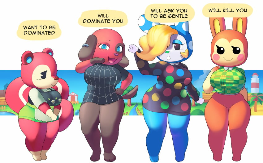 4girls aerth animal_crossing big_breasts bottomless breasts bunnie_(animal_crossing) canid canine canis cherry_(animal_crossing) clothed clothing english_text featureless_crotch female female_only francine_(animal_crossing) fur furry furry_only hair_over_one_eye hand_on_hip hi_res looking_at_viewer meme nintendo poppy_(animal_crossing) rabbit shortstack squirrel standing tail text thick_thighs topwear video_games