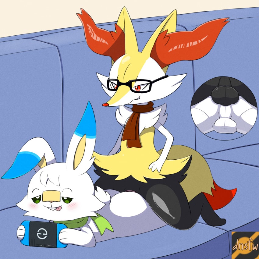 1:1 anal anal_sex anthro ass balls blush braixen darknsfwindie digital_media_(artwork) duo eyewear fan_character fur furniture genitals glasses green_eyes hair hi_res inner_ear_fluff lagomorph leporid male male/male male_penetrated male_penetrating male_penetrating_male mammal nintendo nintendo_switch nude penetration pokémon_(species) pokemon pokemon_(species) rabbit rev_the_scorbunny scarf scorbunny sex sofa tongue tuft video_games white_body yellow_body yellow_fur