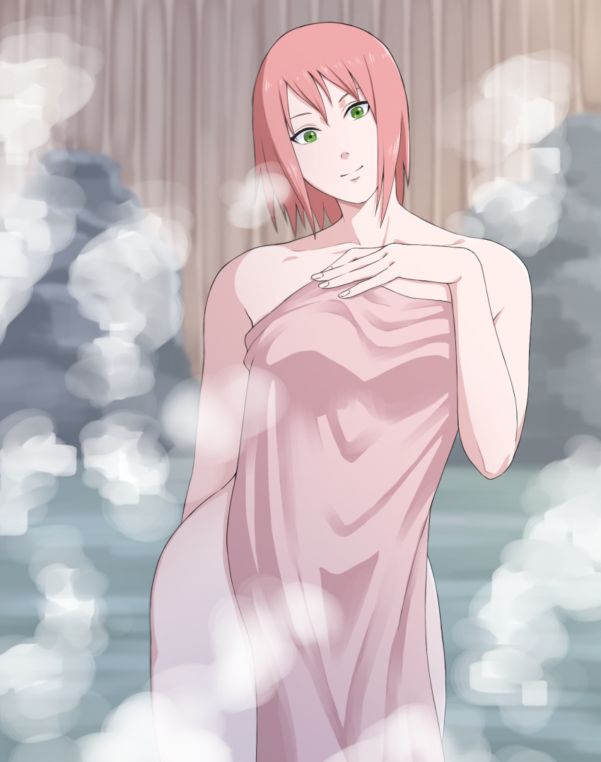 1girls blush cherrycola completely_nude covering covering_self curvaceous curvy curvy_female curvy_figure female female_only fence hot_spring looking_at_viewer naked naked_towel naruto naruto:_the_last naruto_(series) naruto_shippuden onsen partially_submerged sakura_haruno shoulder_length_hair smile solo solo_focus standing steam towel towel_only water wet wet_body wet_hair wet_skin wide_hips wooden_fence