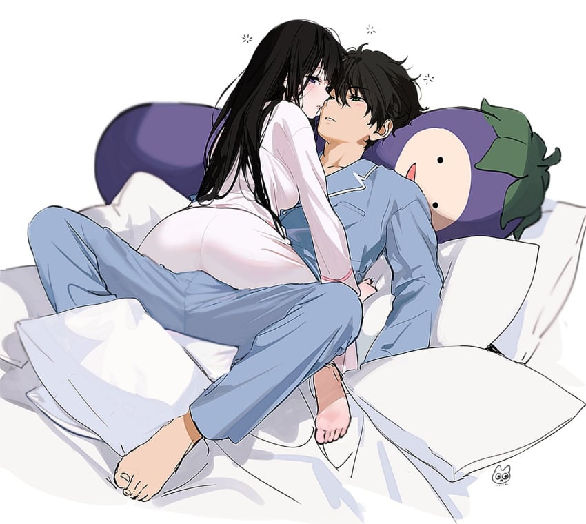 1boy 1boy1girl 1girls 2d 2d_(artwork) :d artist_signature ass aubergine barefoot black_hair blue_clothing blush brown_hair chitanda_eru clothed clothing couple cowgirl_position crotch dark_hair digital_media_(artwork) duo eggplant eyebrows_visible_through_hair feet female girl_on_top green_eyes half-closed_eyes hetero highres human hyouka long_hair looking_at_another looking_at_partner looking_at_viewer looking_back lying male male/female mery_(yangmalgage) oreki_houtarou pajamas pillow pillows pink_clothing purple_eyes rear_view short_hair_male signature sitting sitting_on_penis sitting_on_person spread_legs straight teeth toes watermark white_background