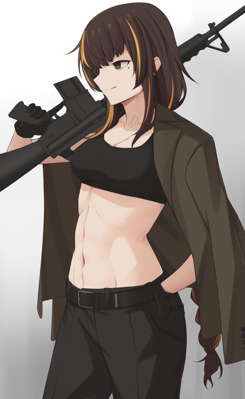 2d abs act_(xadachit) assault_rifle bangs belt black_belt black_gloves black_pants black_sports_bra black_tank_top blazer braid braided_ponytail breasts brown_eyes brown_hair brown_jacket cleavage closed_mouth collarbone crop_top eyebrows_visible_through_hair feet_out_of_frame female firearm girls'_frontline gloves gun hand_on_hip handwear highres holding holding_gun holding_weapon human jacket jacket_on_shoulders light-skinned_female light_skin long_hair looking_away m16 m16a1 m16a1_(girls'_frontline) medium_breasts mole mole_under_eye multicolored_hair navel outerwear over_shoulder pale-skinned_female pale_skin pants rifle smile solo sports_bra standing tank_top trigger_discipline weapon weapon_over_shoulder