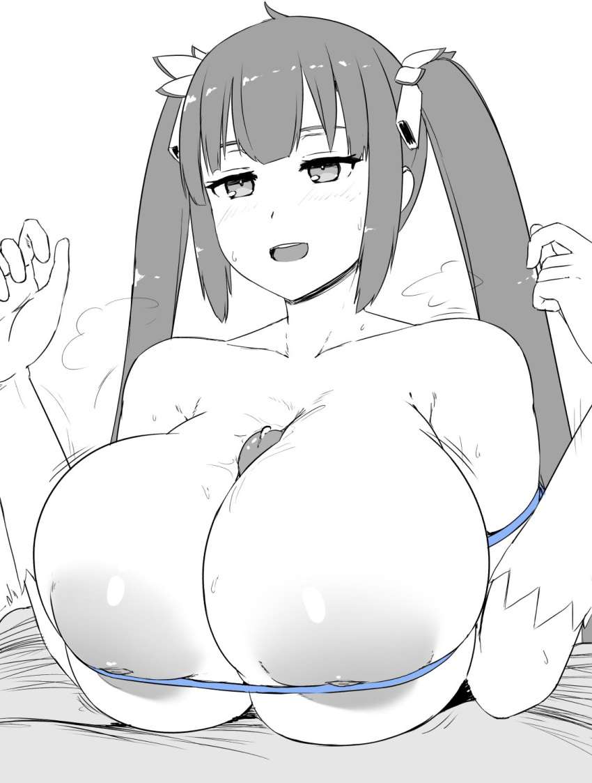 1boy 1girls big_breasts colorless dungeon_ni_deai_wo_motomeru_no_wa_machigatteiru_darou_ka female hands-free_paizuri hestia_(danmachi) holding_breast male monochrome nao_(ritsancrossover) paizuri paizuri_lead_by_female twintails