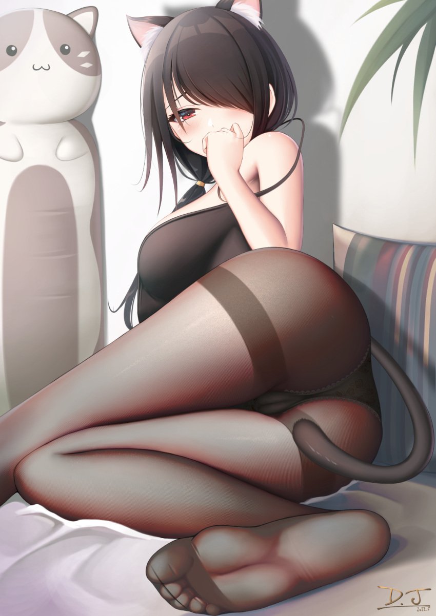 animal_ears artist_name ass black_bra black_hair black_legwear bra breasts cat_ears cat_pillow cat_tail d.j_(dwcg2854) date_a_live female female hair_over_one_eye hand_to_own_mouth hand_up highres looking_at_viewer low_twintails pantyhose pillow red_eyes soles solo strap_slip tail thighband_pantyhose thighs tokisaki_kurumi twintails underwear underwear_only