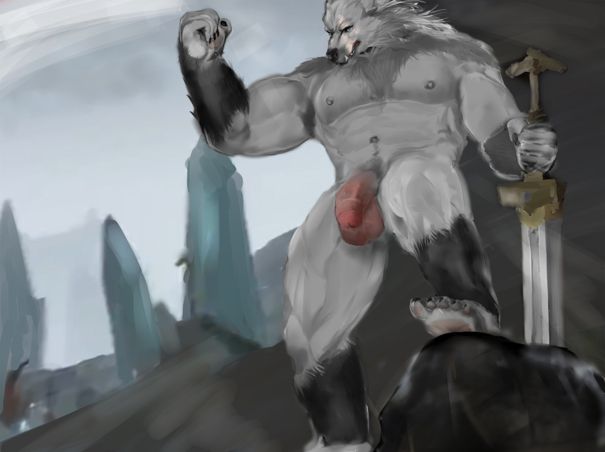 aban_wrench bara bareness blaidd_(elden_ring) canid canine canis elden_ring fromsoftware genitals hi_res male male_only mammal muscular penis solo video_games werewolf wolf