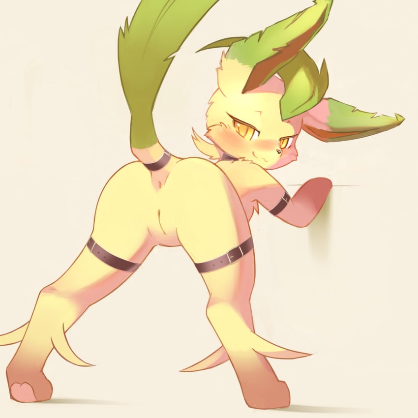 :3 against_wall ancesra animal_ears animal_nose anus arm_strap ass ass_focus belt bent_over blush body_fur brown_background brown_fur closed_mouth eeveelution female from_behind full_body furry furry_female generation_4_pokemon green_hair half-closed_eyes hand_up happy highres leafeon legs_apart looking_at_viewer looking_back moss_(ancesra) nintendo non-web_source nose_blush pawpads pokemon pokemon_(species) presenting pussy short_hair simple_background smile snout solo split_mouth standing tail tail_ornament tail_raised tail_ring thigh_strap two-tone_fur uncensored yellow_eyes yellow_fur