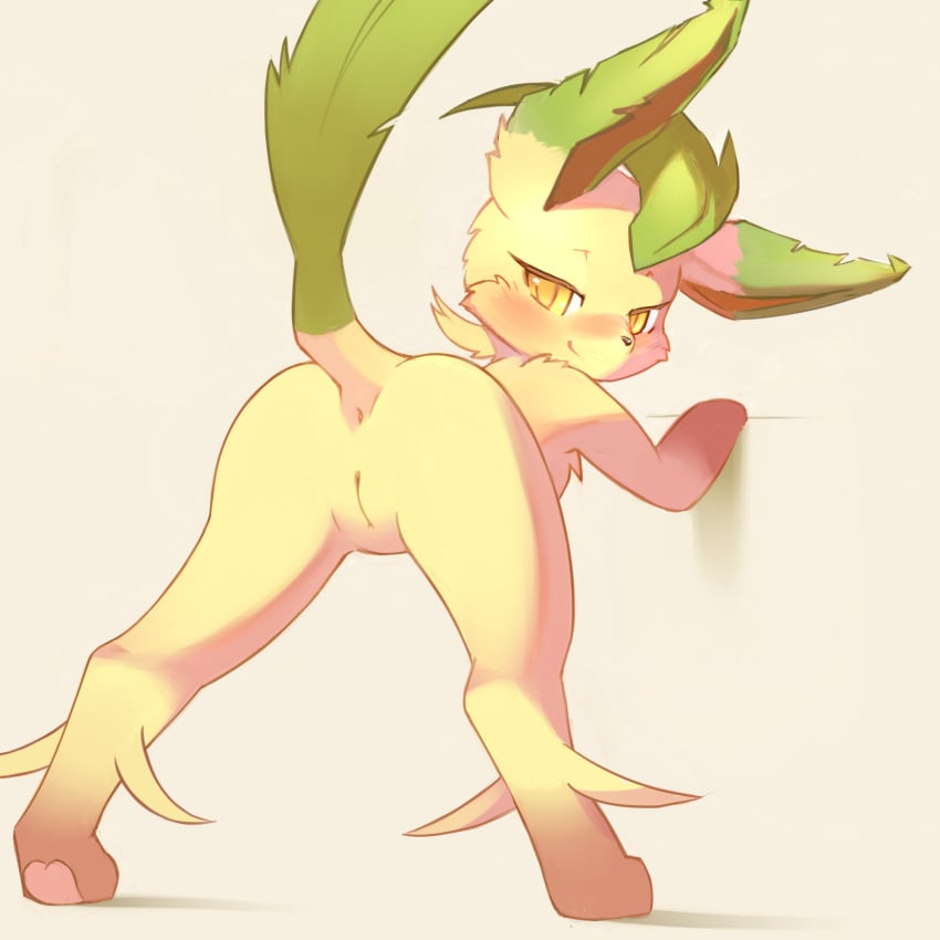 against_wall ancesra animal_ears animal_nose anus ass ass_focus bent_over blush body_fur brown_background brown_fur closed_mouth eeveelution female from_behind full_body furry furry_female generation_4_pokemon green_hair half-closed_eyes hand_up happy highres leafeon legs_apart looking_at_viewer looking_back moss_(ancesra) nintendo non-web_source nose_blush pawpads pokemon pokemon_(species) presenting pussy short_hair sideways_mouth simple_background smile snout solo standing tail tail_raised two-tone_fur uncensored yellow_eyes yellow_fur