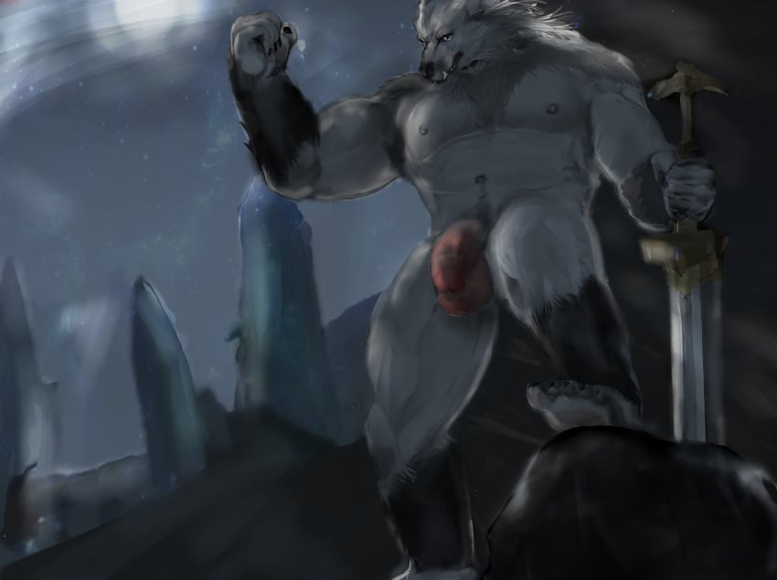 aban_wrench bara bareness blaidd_(elden_ring) canid canine canis elden_ring fromsoftware genitals hi_res male male_only mammal muscular penis solo video_games werewolf wolf