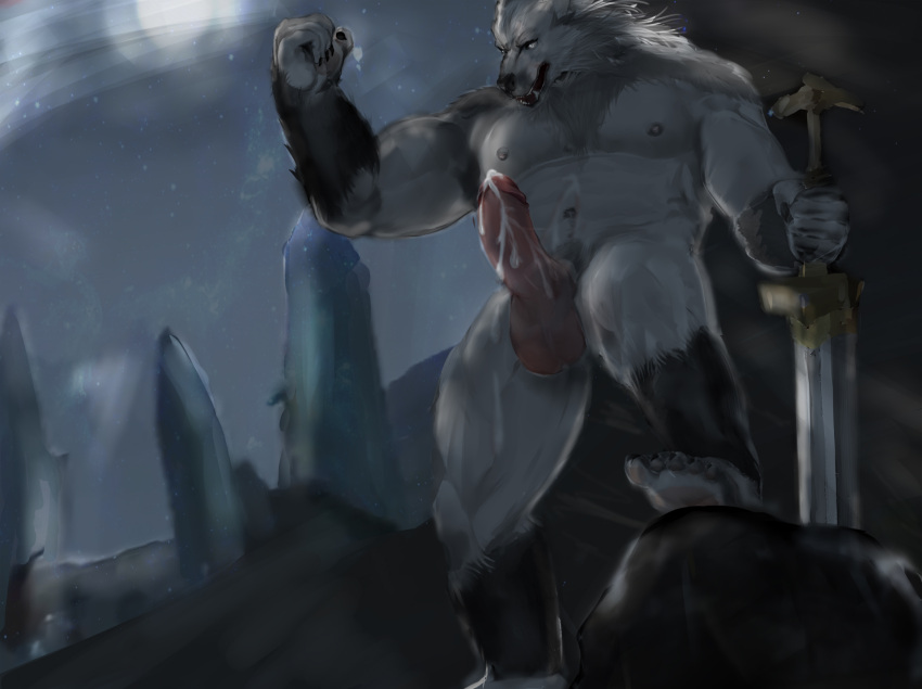 aban_wrench bara bareness blaidd_(elden_ring) canid canine canis ejaculation elden_ring erection fromsoftware genitals hi_res male male_only mammal muscular penis solo video_games werewolf wolf