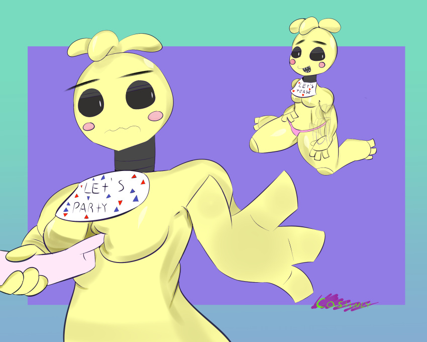 black_eyes blush breasts castinly five_nights_at_freddy's furry grabbing panties simple_background thick_thighs thighs toy_chica_(fnaf) underwear wide_hips yellow_fur