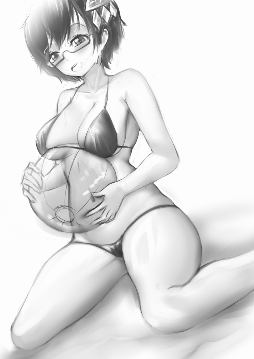 beach_ball big_breasts bikini black_and_white breasts cloverse6 doodle glasses kometa_virtual_live midriff miria_(vtuber) short_hair soft_breasts virtual_youtuber wet