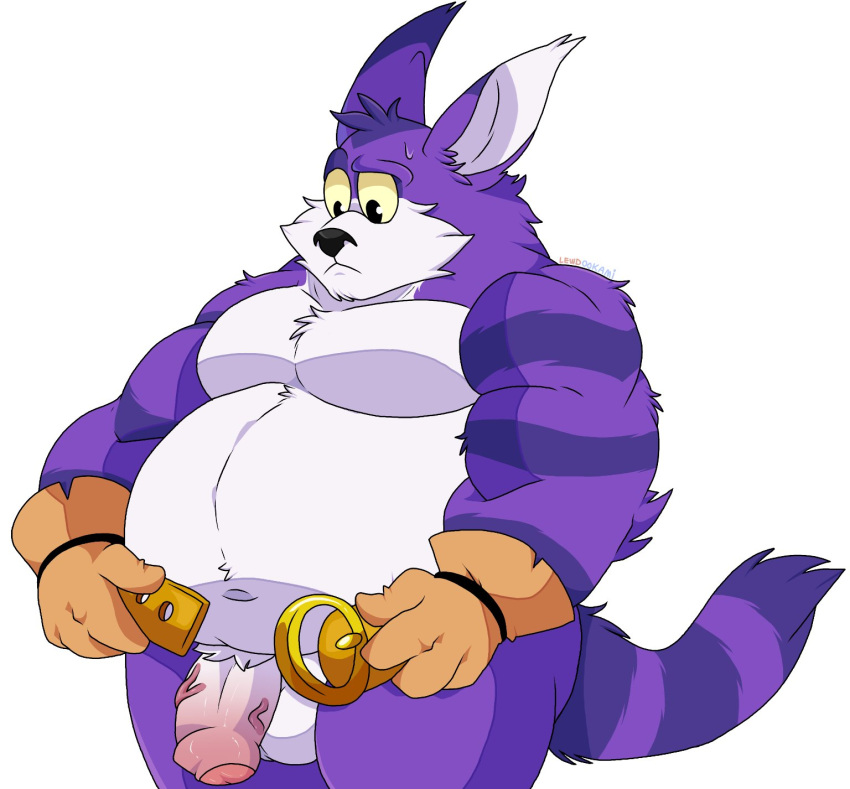 2022 anthro balls belly big_belly big_the_cat black_nose domestic_cat felid feline felis foreskin genitals glans hi_res humanoid_genitalia humanoid_hands humanoid_penis lewdookami male male_only mammal overweight overweight_male partially_retracted_foreskin penis purple_body sega simple_background solo sonic_(series) sonic_the_hedgehog_(series) uncut white_background white_body