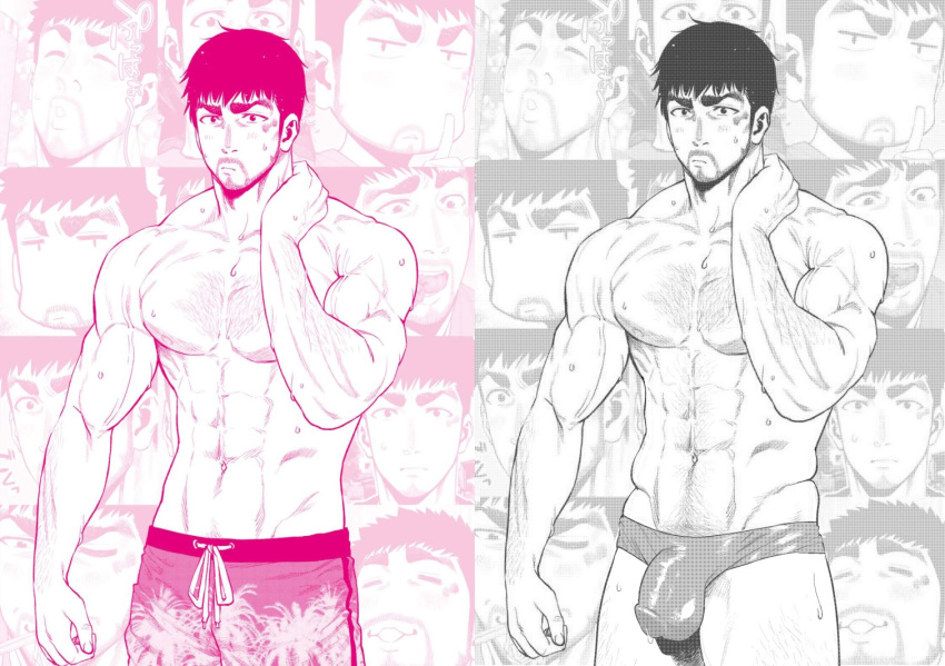 abs arm_hair bara barazoku beard blush body_hair bulge chest_hair dark_hair edit edited_official_artwork facial_hair futari_solo_camp gen_kinokura hairy_chest hand_around_neck male male_focus male_nipples male_only masculine muscular muscular_arms muscular_male nervous nipples official_art official_artwork_edit pectorals penis_outline penis_visible_through_clothing solo solo_male swim_briefs thick_eyebrows topless veiny_biceps yuudai_debata