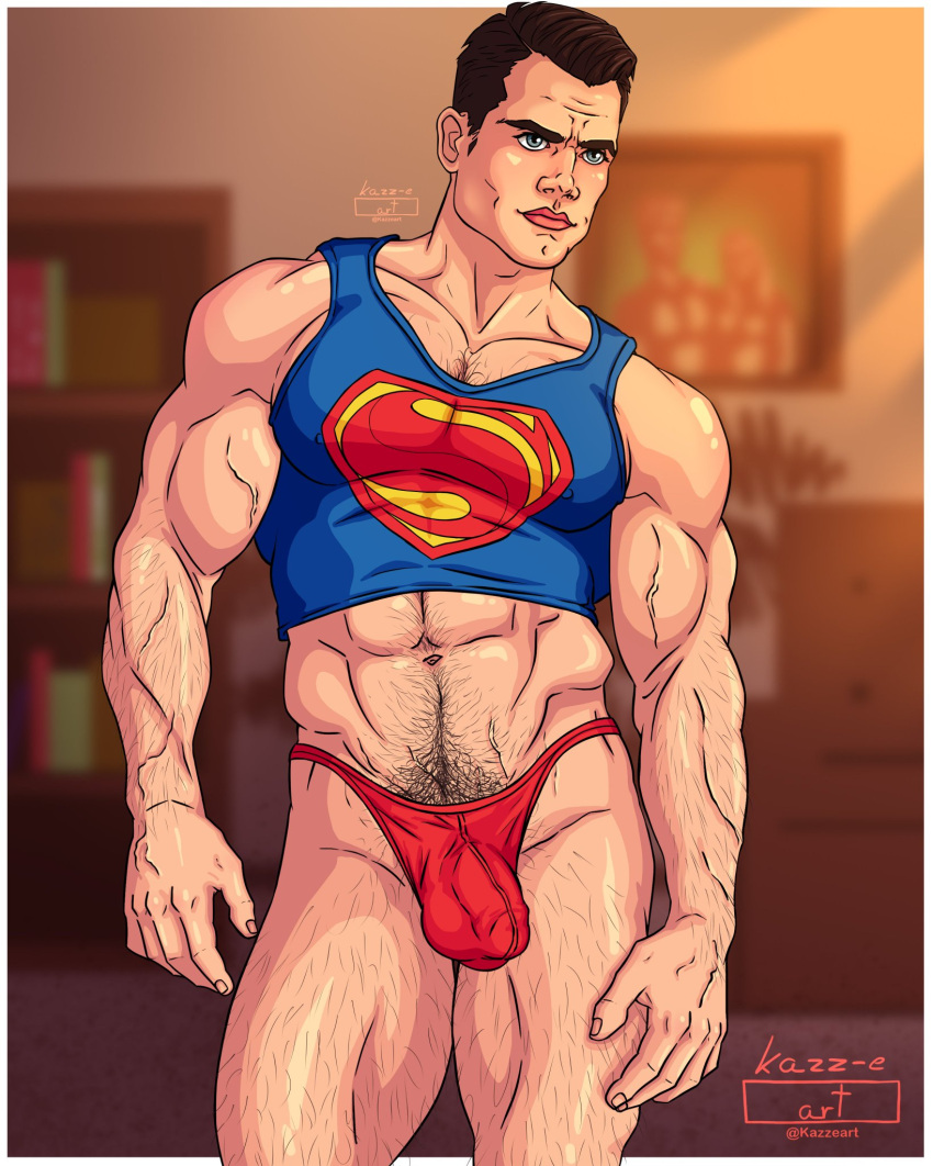 actor big_bulge boner bulge celebrity clark_kent crop_top dc dc_extended_universe flaccid hairy_chest henry_cavill huge_bulge in_character kal-el kazz-e_art male male_only muscles muscular muscular_male penis_outline superman thong