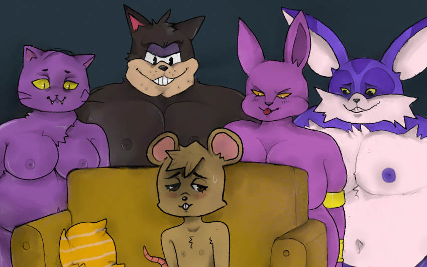 anthro bedroom_eyes big_the_cat black_body black_fur black_hair black_nose blush bodily_fluids cat_dad_(deltarune) champa chubby_anthro chubby_male deltarune digital_drawing_(artwork) digital_media_(artwork) disney domestic_cat dominant dragon_ball dragon_ball_super felid feline felis fur furniture girly glistening glistening_body glistening_eyes glistening_fur glistening_nipples gold_(metal) gold_jewelry group hair half-closed_eyes hi_res jewelry larger_male male mammal meme moobs mouse murid murine musclegut narrowed_eyes naughty_face nipples overweight overweight_anthro overweight_male pete_(disney) pillow piper_perri_surrounded predator/prey purple_body purple_fur purple_nipples purple_skin rodent seductive sega shaded size_difference slightly_chubby smaller_male sofa sonic_(series) sonic_the_hedgehog_(series) sweat sweatdrop teeth tongue tongue_out unalekoin undertale_(series) video_games whiskers yellow_eyes you_gonna_get_raped