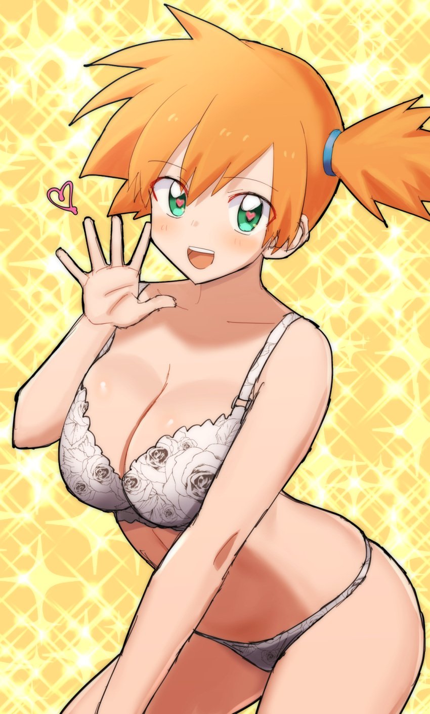 alternate_breast_size asymmetrical_hair bare_shoulders blush bra breasts didd_ley female female_only game_freak gen_1_pokemon green_eyes hair_tie heart heart-shaped_pupils high_resolution hips kasumi_(pokemon) large_breasts lingerie looking_at_viewer nintendo open_mouth orange_hair panties pokemon pokemon_(anime) pokemon_(game) pokemon_rgby ponytail shiny shiny_skin short_hair side_ponytail simple_background symbol-shaped_pupils thighs tied_hair underwear