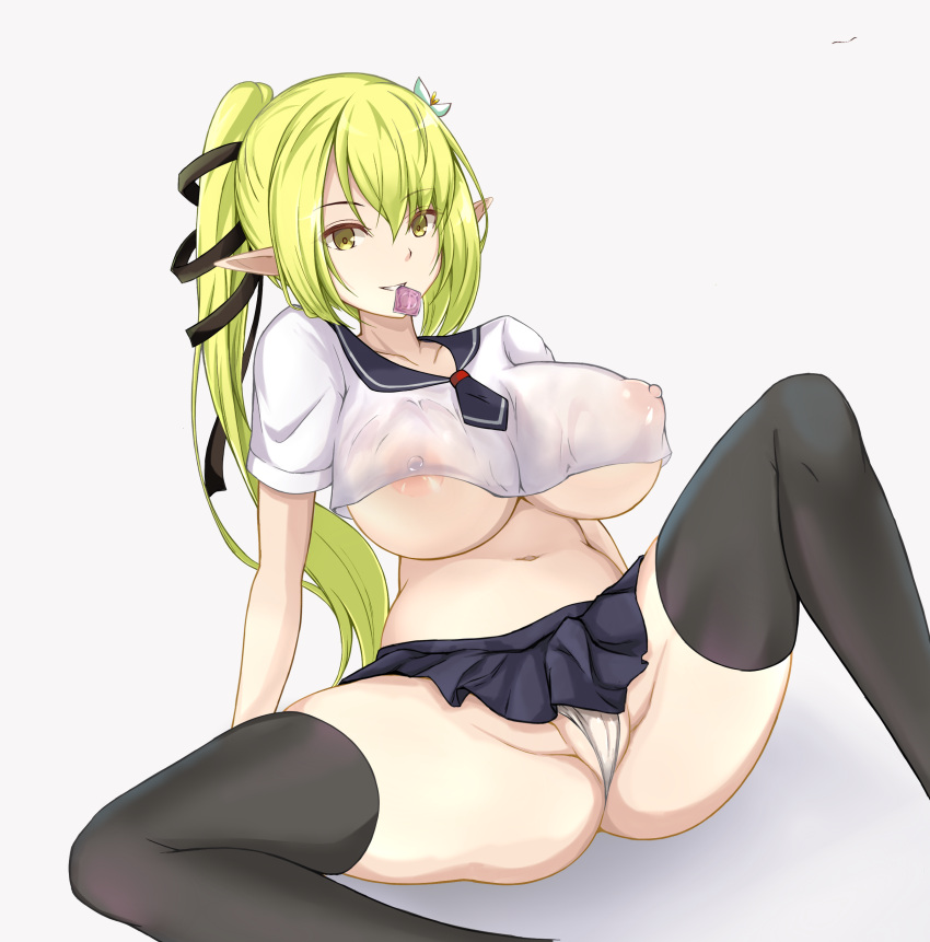 1girls anime_style black_legwear breasts condom condom_in_mouth crop_top elf elsword female green_eyes green_hair highres large_breasts long_hair looking_at_viewer miniskirt mouth_hold nipples panties pointy_ears ponytail rena_(elsword) school_uniform see-through simple_background sitting skirt smile solo spread_legs thighhighs underboob underwear zone25388591