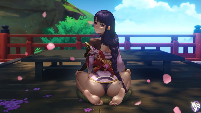 1girls ass barefoot blush braid feet female female_only from_behind genshin_impact hi_res japanese_clothes kimono panties purple_hair raiden_shogun sitting soles toes underwear w.q.y