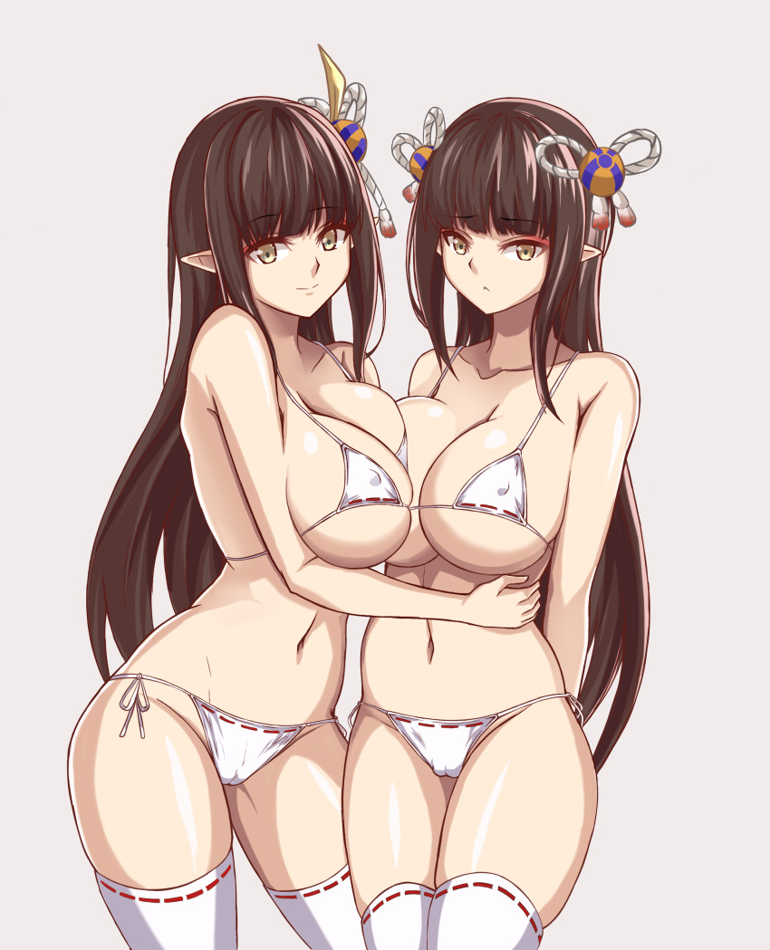 2girls asymmetrical_docking bangs bikini breasts brown_hair cameltoe capcom covered_nipples eyeshadow frown hair_ornament hinoa large_breasts long_hair looking_at_viewer makeup minoto monster_hunter monster_hunter_rise multiple_girls navel pointy_ears siblings side-tie_bikini sidelocks simple_background sisters smile thighhighs white_bikini white_legwear wyverian zone25388591