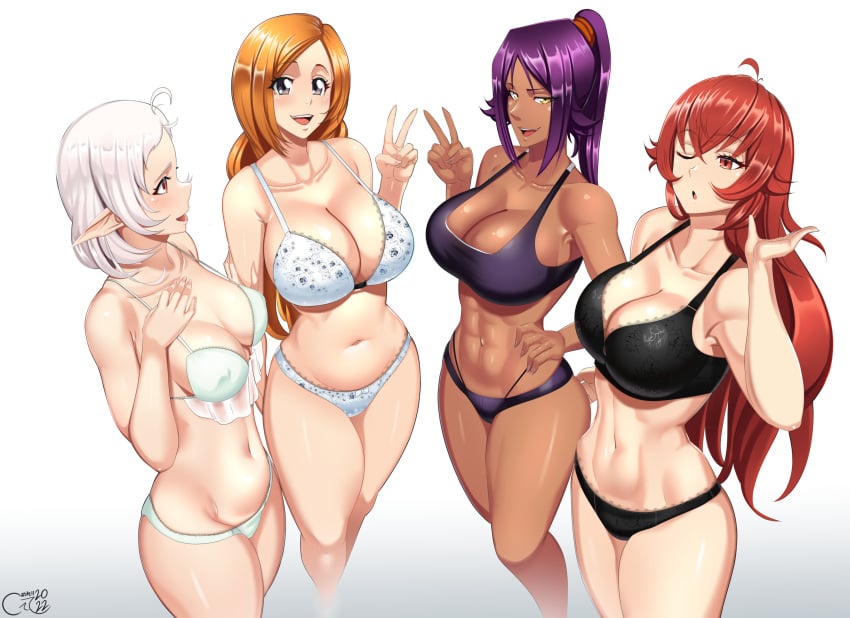 2022 4girls abs ahoge bleach bra breast_size_difference breasts brown_skin castell crossover dark-skinned_female dark_skin eris_greyrat eris_greyrat_(adult) fat_breasts female female_only flat_belly highres hips inoue_orihime large_breasts light-skinned_female light_skin lingerie long_hair medium_breasts multiple_girls mushoku_tensei orange_hair panties peace_sign ponytail purple_hair red_hair shihouin_yoruichi six_pack slim_waist smile sylphiette_(mushoku_tensei) thick_thighs thighs v white_hair wide_hips