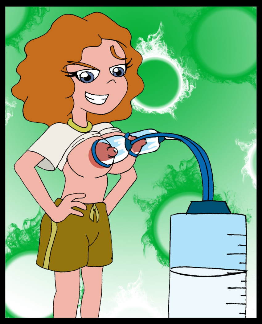 1girls blue_eyes breast_milking breast_milking_machine ferozyraptor gym_clothes lactation melissa_chase milking_machine milo_murphy's_law orange_hair shirt_up simple_background straight_hair