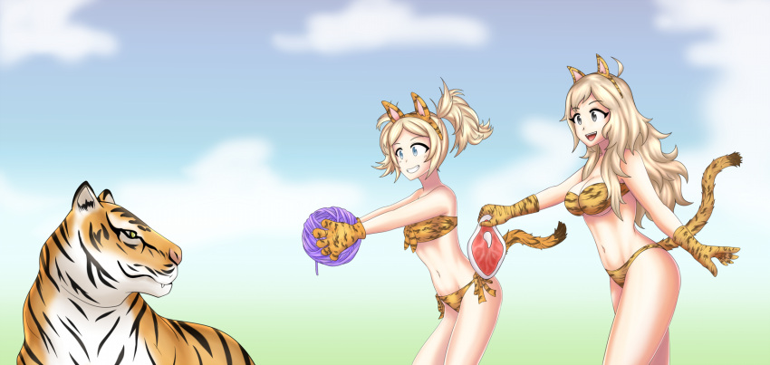 2girls ahoge ball_of_yarn bikini blonde_hair blue_eyes breasts cleavage clouds female fire_emblem fire_emblem_awakening fire_emblem_fates grandmother_and_granddaughter grey_eyes hayato_stuff highly_questionable_activity lissa_(fire_emblem) long_hair meat medium_breasts multiple_girls navel nintendo ophelia_(fire_emblem) princess raw_meat side-tie_bikini sky small_breasts smile strapless_bikini teenager tiger tiger_ears tiger_print tiger_print_bikini tiger_print_gloves tiger_tail twintails underboob yarn year_of_the_tiger