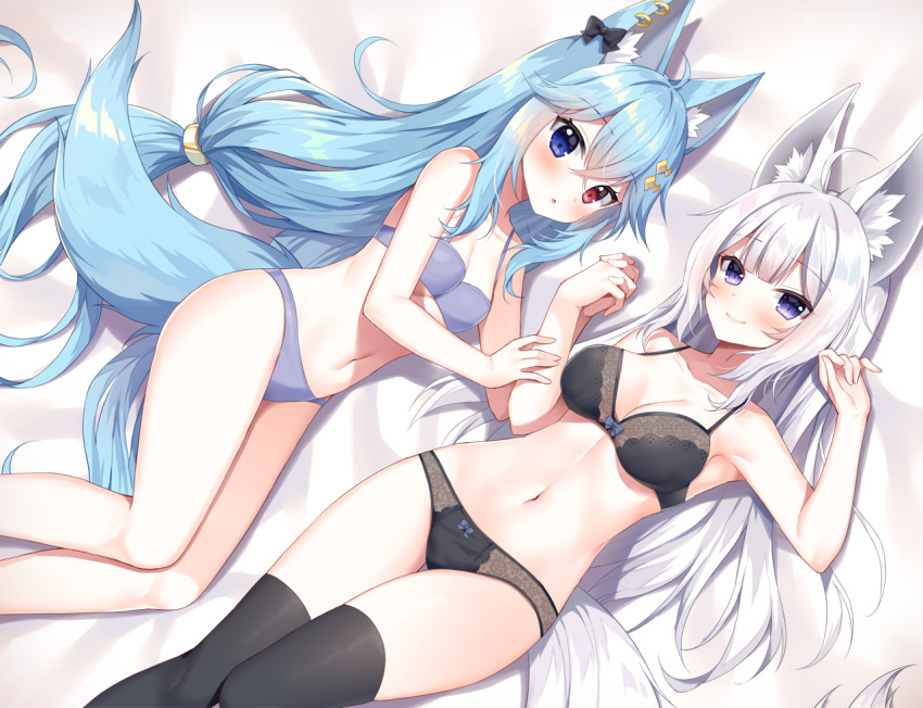 2girls :o animal_ear_fluff animal_ears bangs bare_arms bare_shoulders bed_sheet black_bow black_bra black_legwear black_panties blue_bra blue_eyes blue_hair blue_panties blush bow bow_bra bow_panties bra breasts cleavage closed_mouth commentary_request commission ear_bow ear_piercing eyebrows_visible_through_hair feet_out_of_frame fox_ears fox_girl fox_tail hair_between_eyes heterochromia holding_hands interlocked_fingers large_breasts long_hair lying mauve multiple_girls on_back on_side panties parted_lips piercing pixiv_request purple_eyes silver_hair smile tail thigh_gap thighhighs underwear underwear_only very_long_hair vrchat