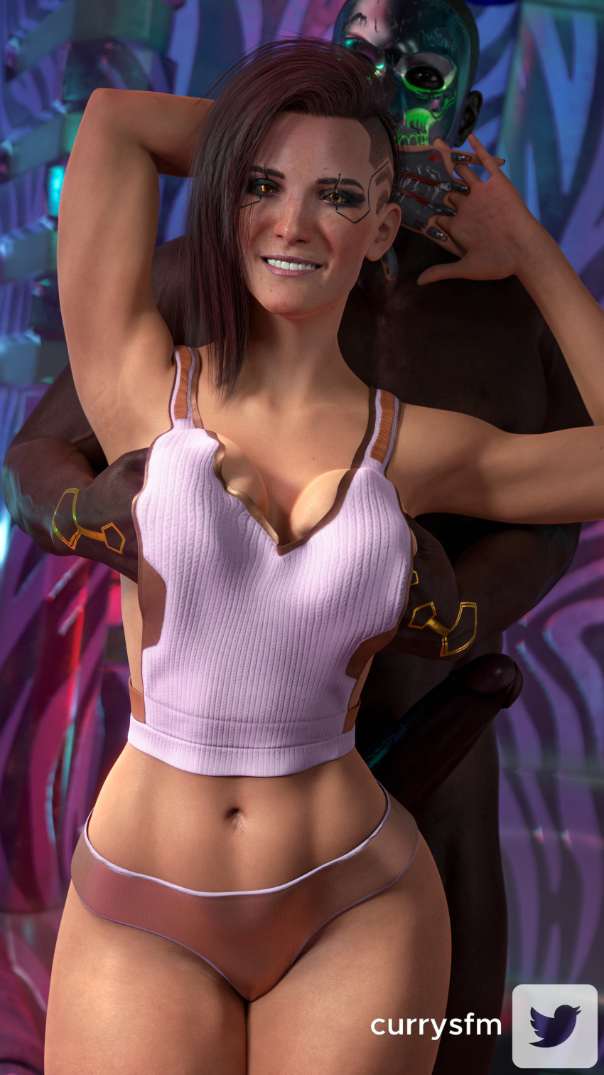 1boy 1girls 3d 3d_(artwork) abs areola areolae armpits arms_behind_head arms_up athletic athletic_female belly belly_button big_breasts big_penis breast_grab breast_hold breast_squeeze breasts breasts_outside cd_projekt_red currysfm cybernetics cyberpunk_2077 cyberware dark-skinned_male dark_skin detailed_background duo duo_focus erect_penis erection eye_contact eyelashes eyeshadow female female_focus female_protagonist fit fit_female freckles glans grabbing grabbing_breasts grabbing_from_behind hand_on_breast hands_behind_head hands_on_breasts hands_together happy happy_female hi_res highres hourglass_figure indoor indoors inside interracial large_penis light-skinned_female light_skin looking_at_viewer makeup male male/female male_behind_female mask masked masked_male navel nipples nude nude_female nude_male orange_eyes panties panties_only penis penis_out posing red_hair shaved_side side_shave sidecut smile smiling smiling_at_viewer squeezing squeezing_breast squeezing_breasts tank_top teeth teeth_showing teeth_visible topless topless_female underwear v_(cyberpunk_2077) valerie_(cyberpunk_2077) watermark