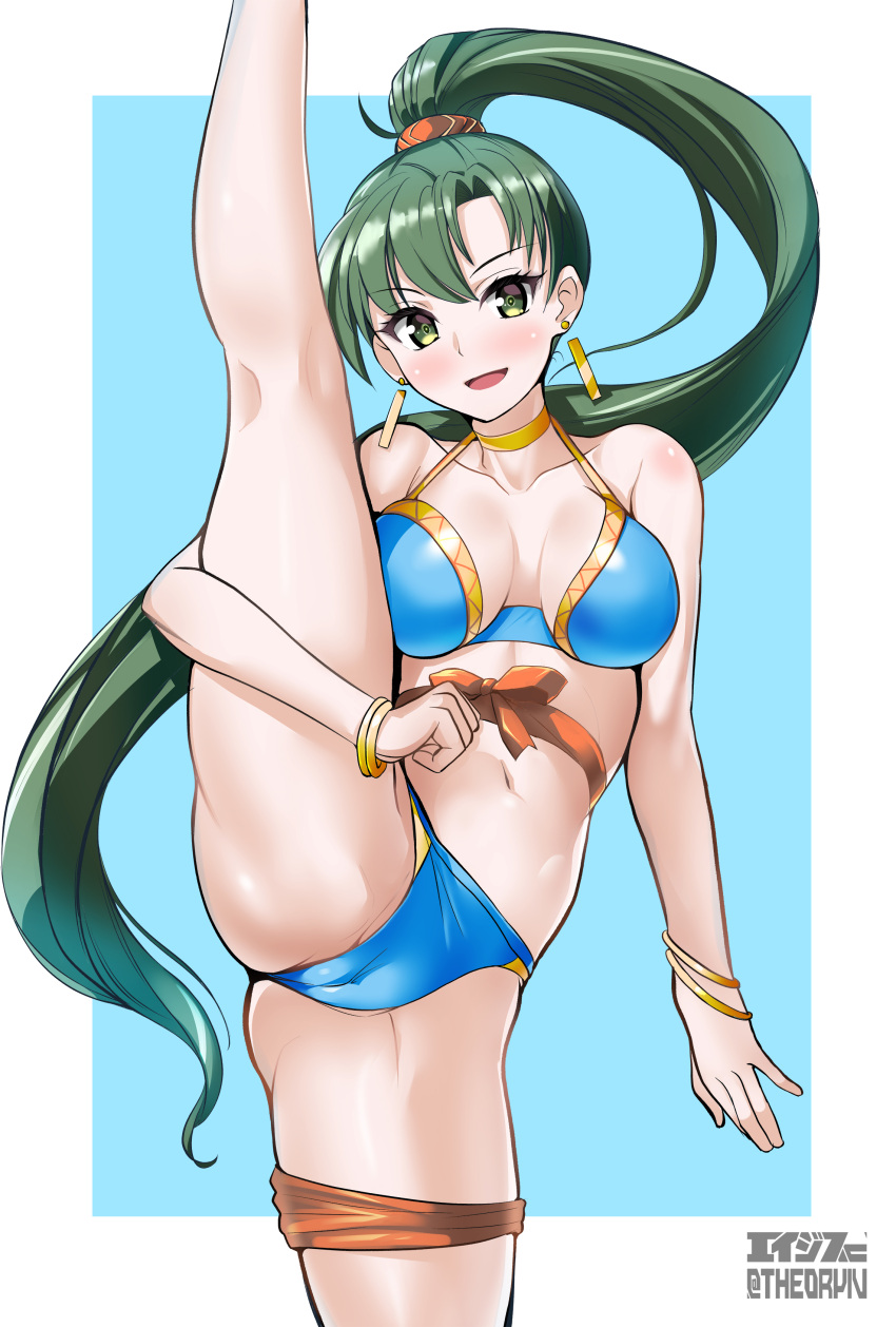 1girls absurdres aegis_(nerocc) bikini blue_bikini blue_swimsuit bracelet breasts cameltoe earrings female female_only fire_emblem fire_emblem:_the_blazing_blade green_eyes green_hair highres jewelry long_hair looking_at_viewer lyn_(fire_emblem) medium_breasts nintendo official_alternate_costume open_mouth partially_visible_vulva ponytail smile solo split standing standing_on_one_leg standing_split swimsuit very_long_hair