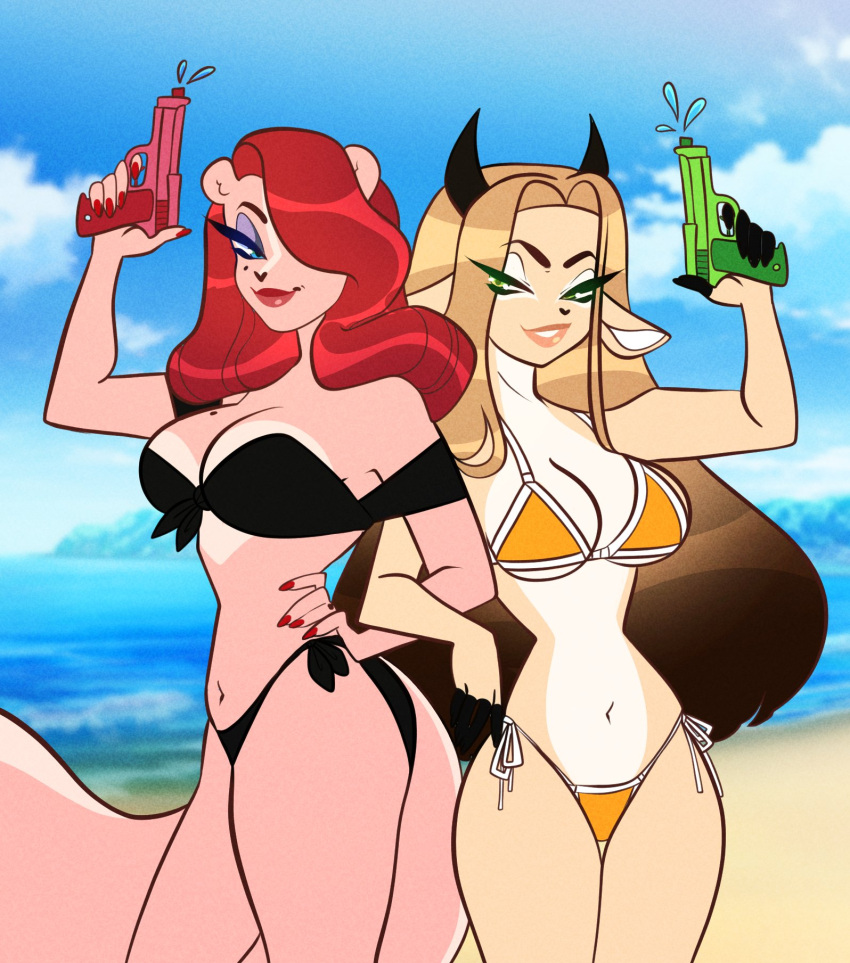 2girls animal_ears animal_tail anthro beach bikini breasts clouds gazelle giselle_(ohthesunnyside) hips horns hourglass_figure linking_arms long_hair midriff navel ocean ohthesunnyside overboob overflowing_breasts pathesis pink_fur plump_lips red_hair red_lipstick rosie_(pathesis) short_hair sideboob small_bikini squirrel squirt_gun tan_fur thighs underboob waves