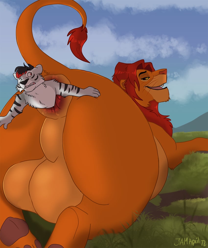 anal anal_vore anthro anus ass balls big_balls chubbyjam disney duo felid feral fur furry genitals hi_res lion male male/male mammal orange_body orange_fur pantherine puffy_anus simba size_difference the_lion_king tiger vore white_body white_fur