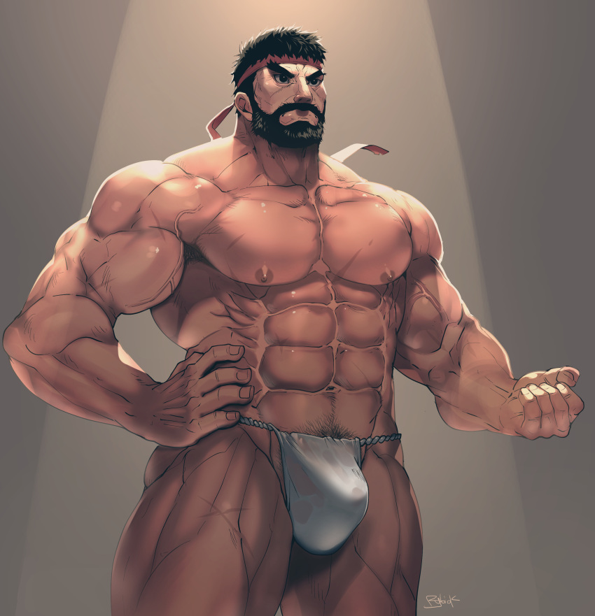 1boy balls bara beard bulge capcom facial_hair fundoshi gay headband male male_only muscles muscular penis rybiok ryu_(street_fighter) solo solo_male street_fighter