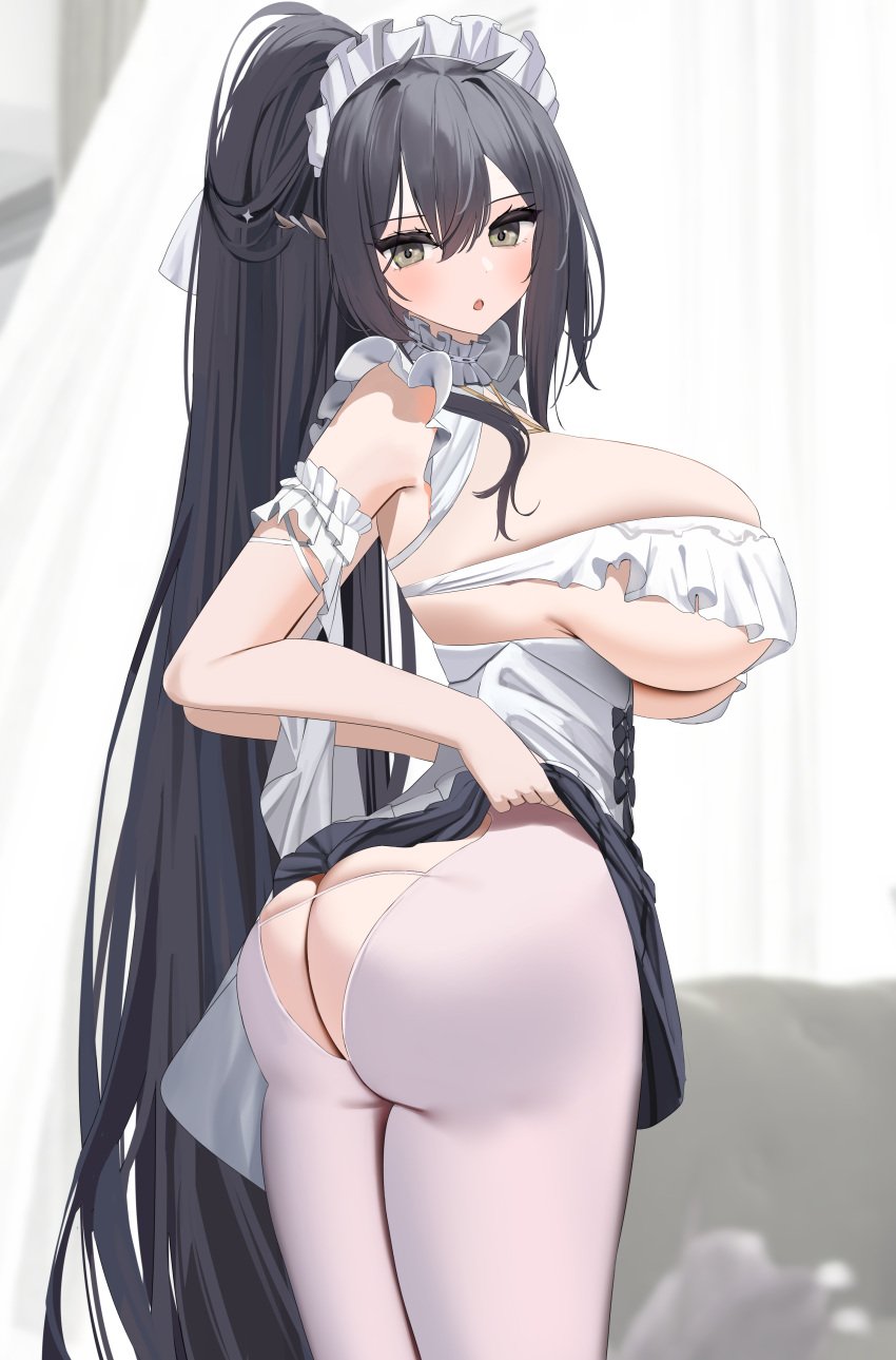 1girls 2022 adjusting_clothes ass ass_cleavage ass_cutout azur_lane black_hair blush breasts butt_crack female female_only hazel_eyes hi_res hips huge_breasts indomitable_(azur_lane) indomitable_(ms._motivationless_maid)_(azur_lane) large_ass light-skinned_female light_skin long_hair maid maid_headdress maid_outfit maid_uniform nicorima reaching_back royal_navy_(azur_lane) sideboob slim_waist solo thick_thighs thighs tights too_small_clothes wide_hips