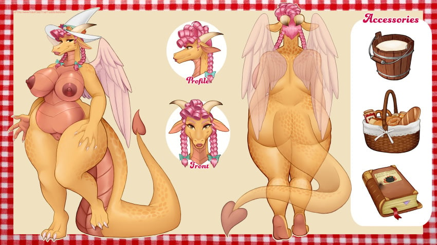 absurd_res accessory anthro areola ass big_breasts big_butt breasts clothing dragon female female_focus genitals hair hat headgear headwear hi_res mazapan model_sheet multiple_angles nipples overweight pink_hair pussy reptile scalie solo thick_thighs witch_hat yellow_body