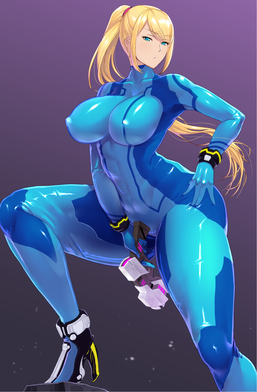 1girls alternate_breast_size big_breasts blonde_hair blue_eyes bodysuit bottomwear clothing curvaceous curvy domoipetti domoshipette erect_nipples female female_only gun hair hand_on_hip high_heels hips huge_breasts mature mature_female mature_woman metroid nintendo ponytail samus_aran solo solo_female thick_thighs tomboy topwear weapon wide_hips zero_suit_samus