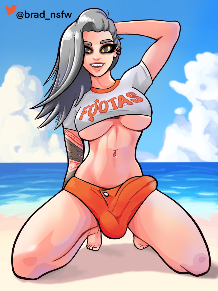 1futa beach big_breasts big_penis black_eyes brad_nsfw breasts bulge clothed clothing covered_nipples covering_breasts covering_crotch demon demon_girl futa_only futanari gray_hair grey_hair humanoid humanoid_penis kneeling light-skinned_futanari light_skin penis self_upload solo sorpresa tight_clothing underboob