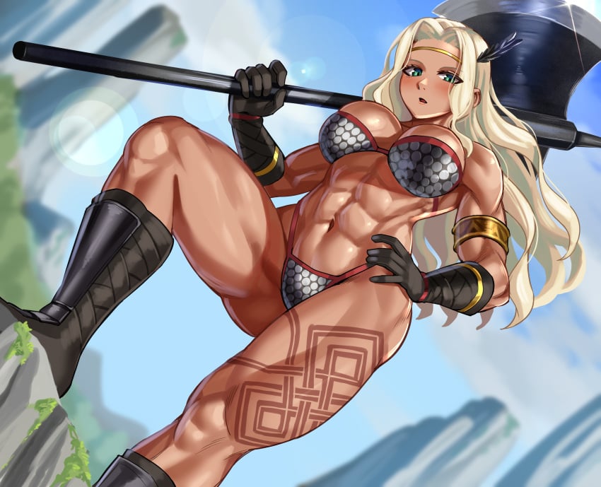 1girls abs amazon_(dragon's_crown) armwear axe bikini bikini_bottom bikini_top blonde_hair boots bottomwear dragon's_crown female female_only fit fit_female gloves green_eyes headwear holding_weapon legs long_hair mature mature_female mature_woman muscles muscular muscular_female solo solo_female thick_thighs thighs toin_(iitoin) topwear weapon