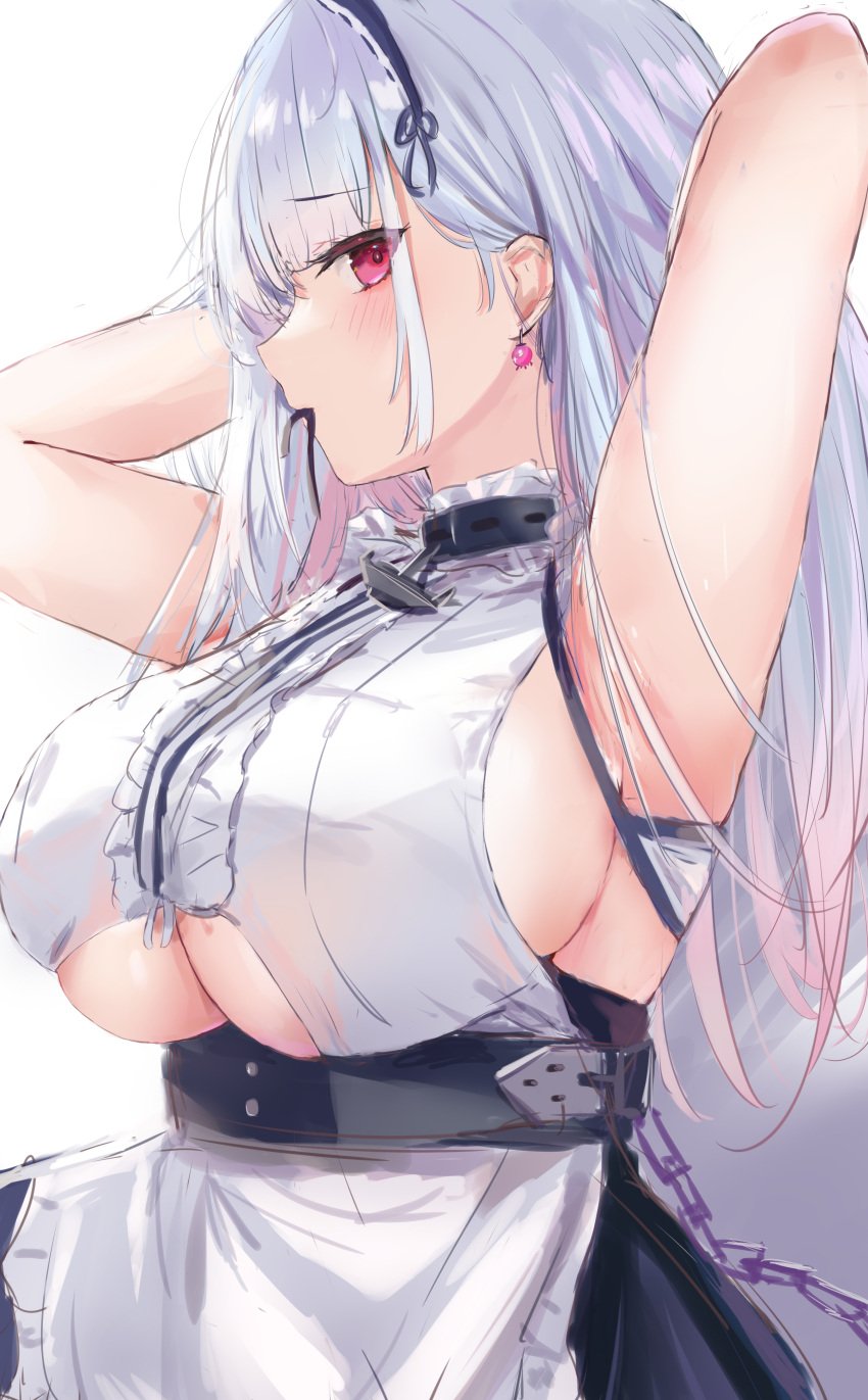 absurdres anchor_necklace apron armpit armpit_fetish armpits arms_behind_back arms_behind_head arms_up artist_request azur_lane bangs biting black_hairband blush breasts dido_(azur_lane) earrings embarrassed eyebrows_visible_through_hair female hairband highres horny horny_female jewelry large_breasts looking_at_viewer maid_apron mouth_hold presenting_armpit raised_arm red_eyes showing_armpits sideboob sleeveless solo underboob underboob_cutout underboob_shirt upper_body voluptuous