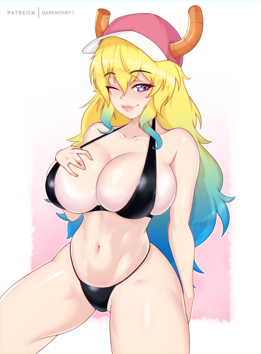 1girls big_breasts big_lips bikini bikini_bottom bikini_top black_bikini bottomwear breasts cleavage darkmoney1 female female_only hair hand_on_breast hat hips horns huge_breasts lips long_hair mature mature_female mature_woman miss_kobayashi's_dragon_maid one_eye_closed purple_eyes quetzalcoatl_(dragon_maid) smile solo solo_female thick_lips thick_thighs thighs topwear two_tone_hair wink winking