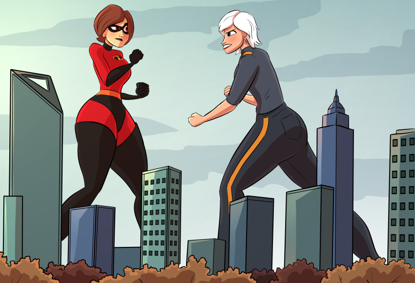 2girls caiman2 catfight city crossover disney dreamworks elastigirl female female_only fight giantess ginormica helen_parr monsters_vs_aliens pixar smooth_skin superheroine susan_murphy the_incredibles