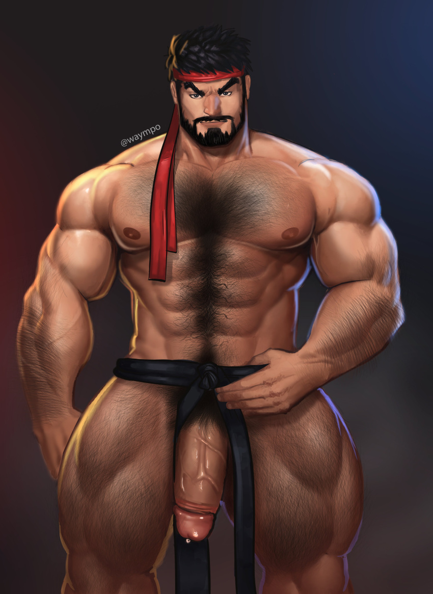 1boy balls bara beard big_penis black_hair capcom gay hairy headband male male_only muscles muscular penis presenting presenting_penis ryu_(street_fighter) solo solo_male street_fighter street_fighter_6 waympo